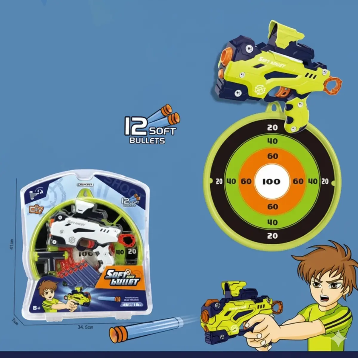 Kids Soft Bullet Gun, 8 Foam Darts & Target Set