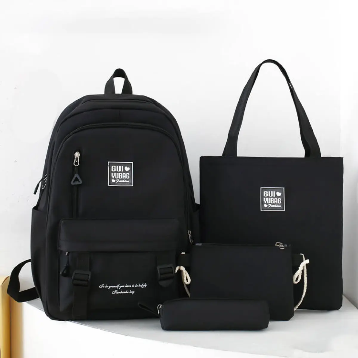Solid Black Color Simple Student Backpack –4 Piece Set
