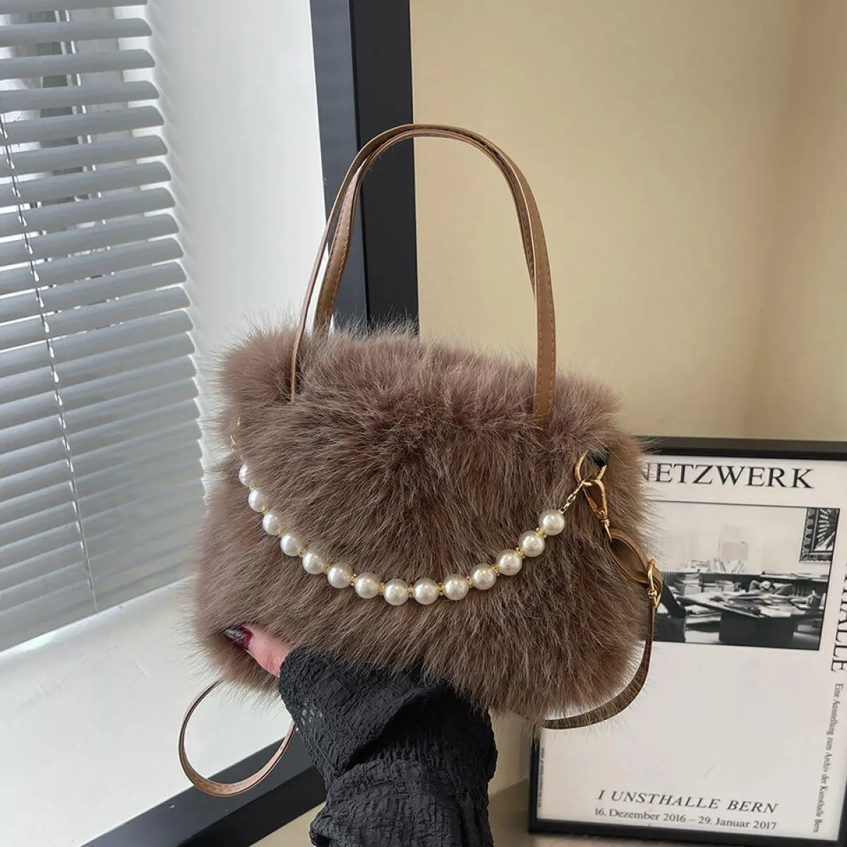 Furry Pearl Small Square Crossbody Handbag for Women