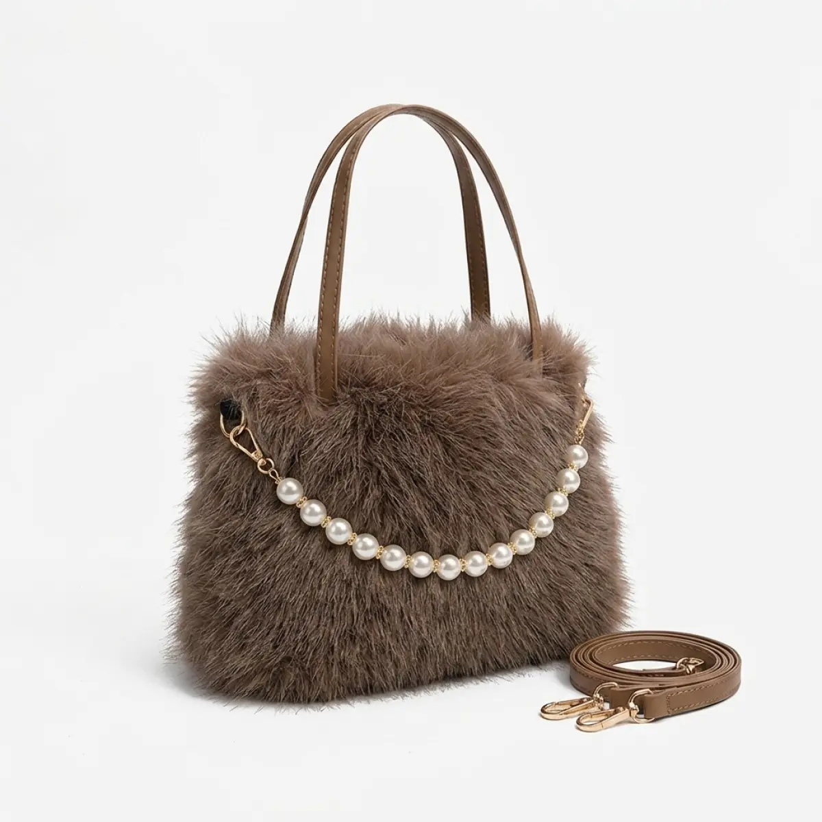 Furry Pearl Small Square Crossbody Handbag for Women