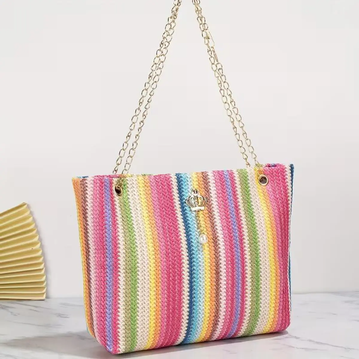 Women’s Rainbow Striped Contrast Tote Beach Shoulder Bag