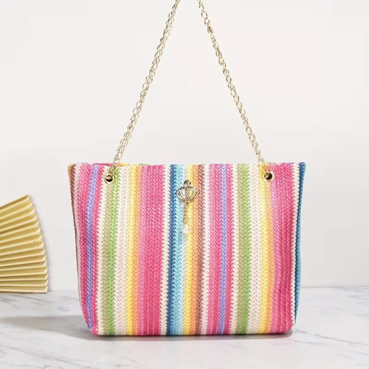 Women’s Rainbow Striped Contrast Tote Beach Shoulder Bag