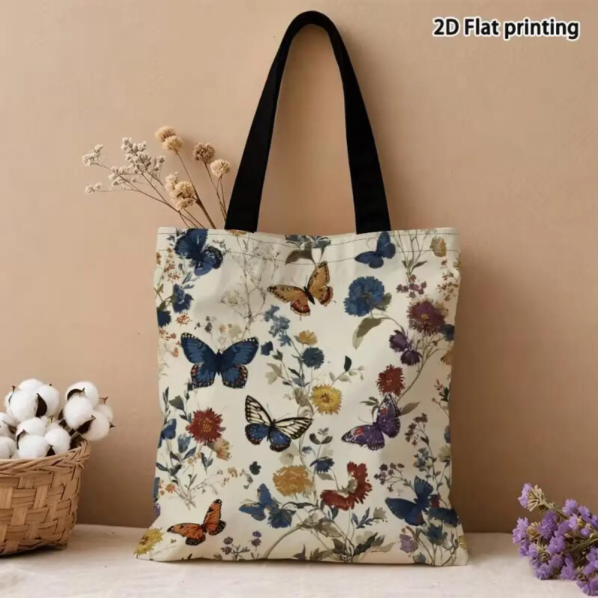 Double-Sided Butterfly & Wildflower Reusable Shopping Tote Bag