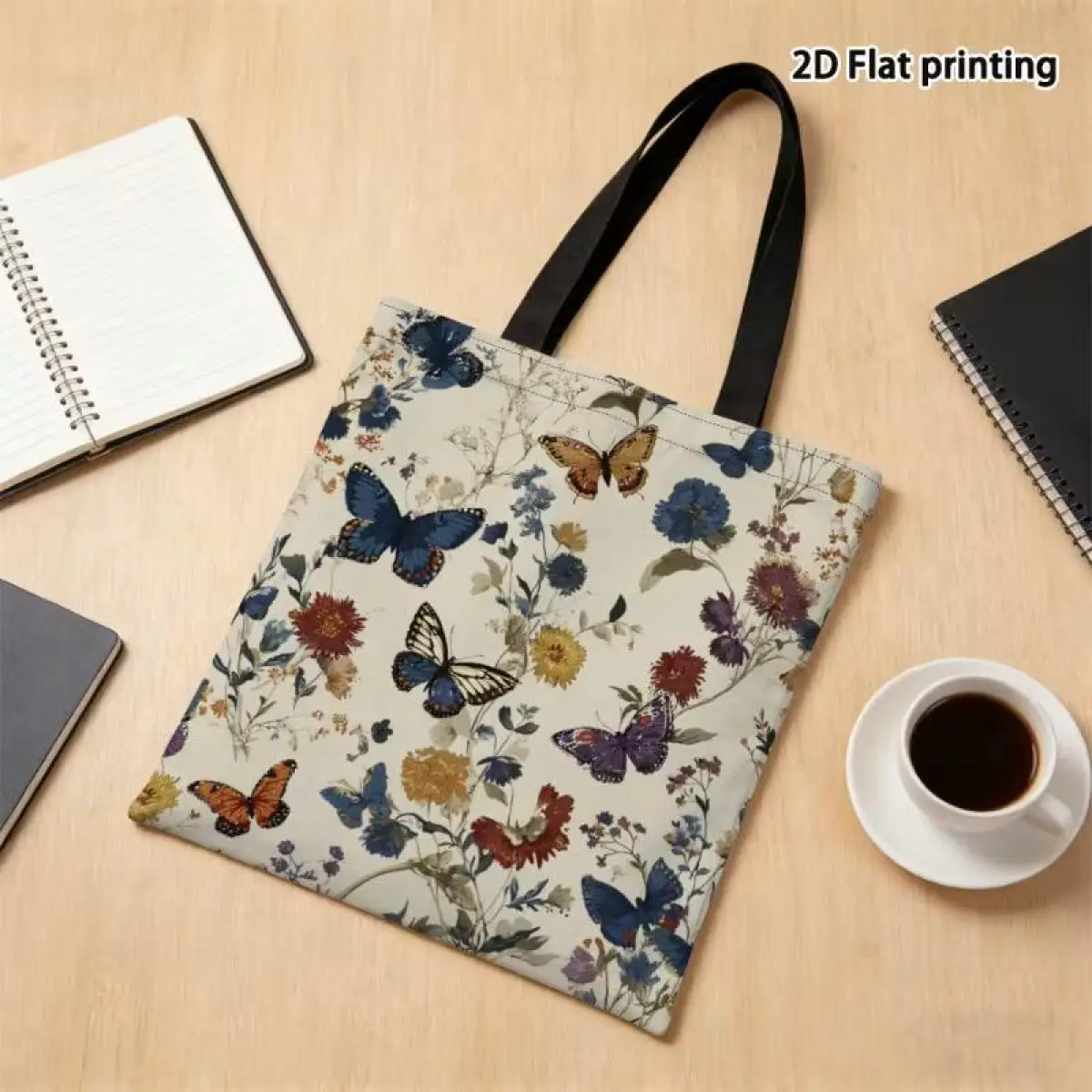 Double-Sided Butterfly & Wildflower Reusable Shopping Tote Bag