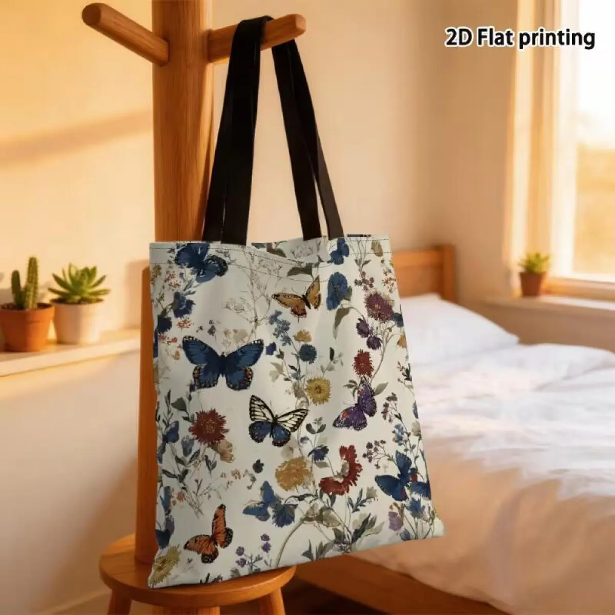 Double-Sided Butterfly & Wildflower Reusable Shopping Tote Bag