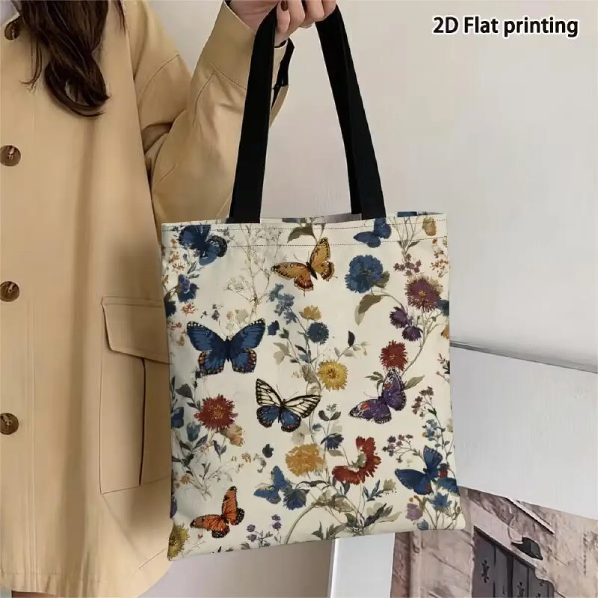 Double-Sided Butterfly & Wildflower Reusable Shopping Tote Bag