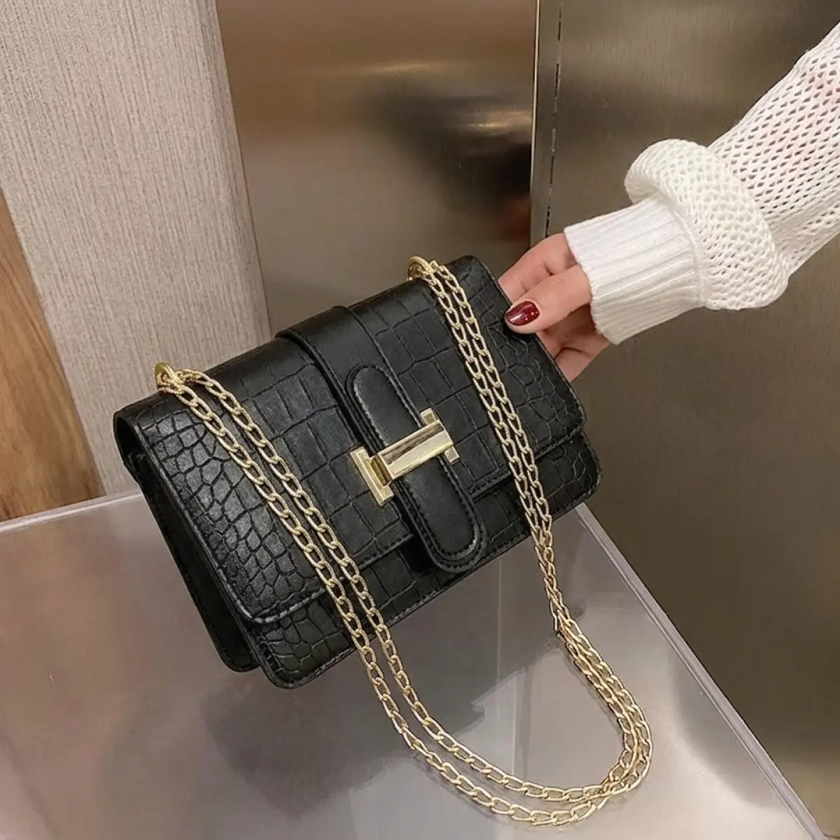 Classic Croc-Embossed Flap Crossbody Bag