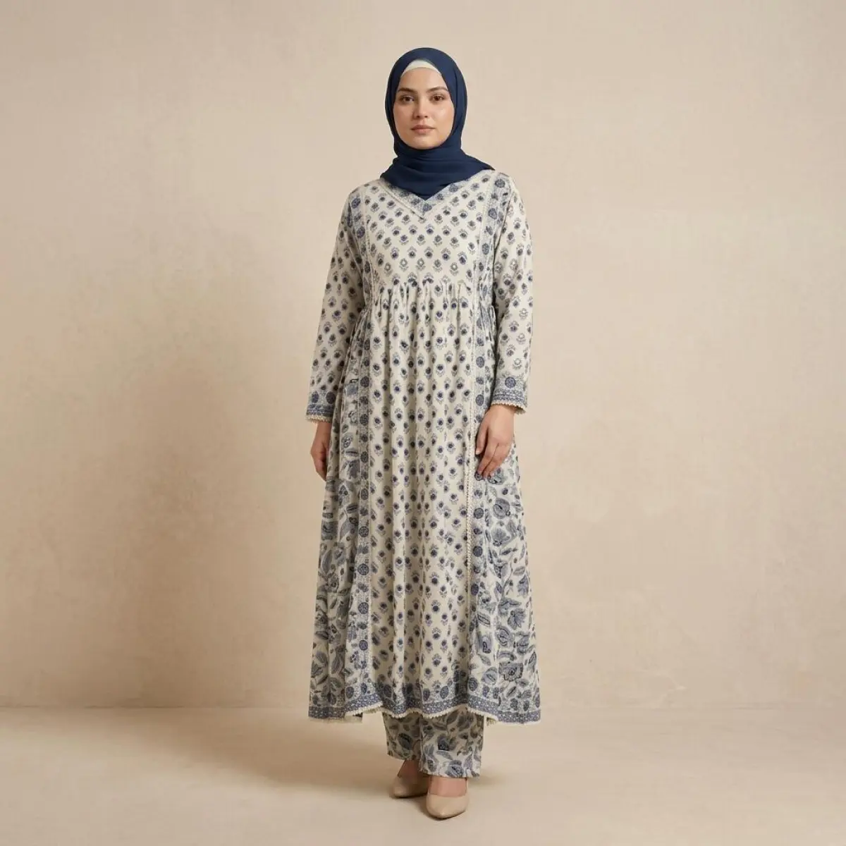 Navy Grey & Ivory Floral Anarkali Set