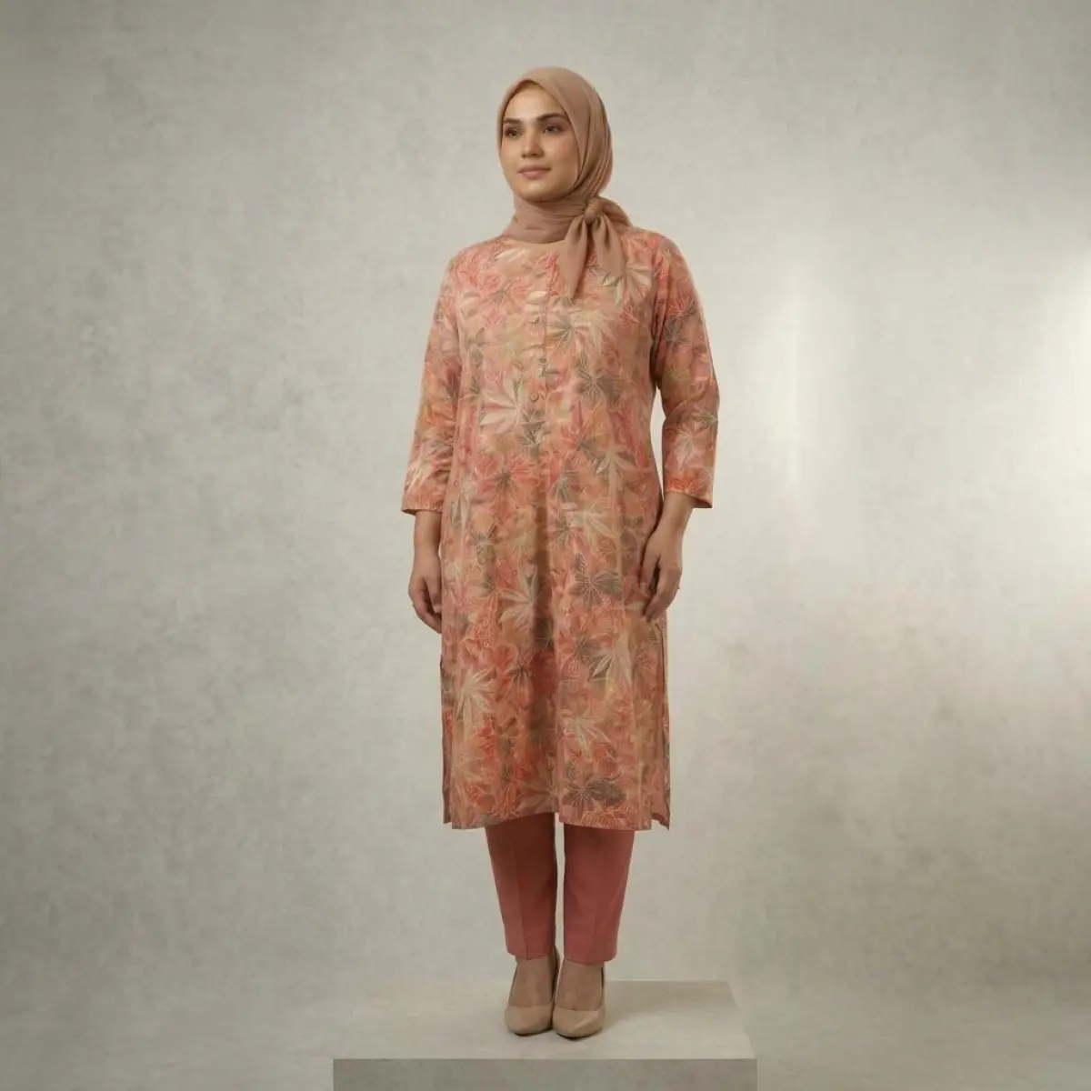 Coral Botanical Printed Kurti Top