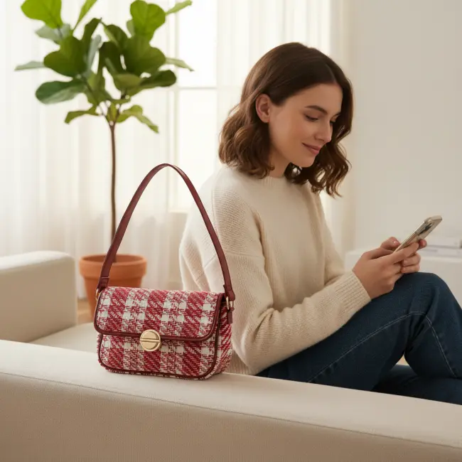 Plaid Crossbody Shoulder Bag with Flap (Red)