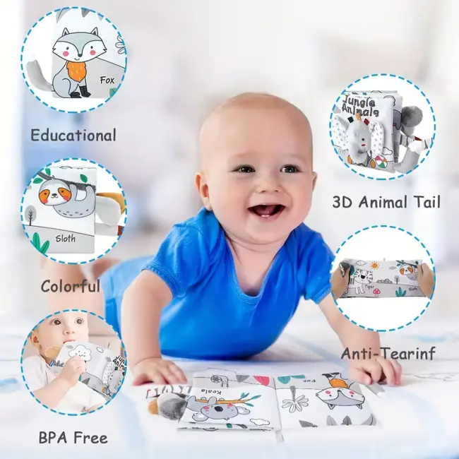 Jungle Animals Plush Baby Soother Cloth Book with 3D Tails