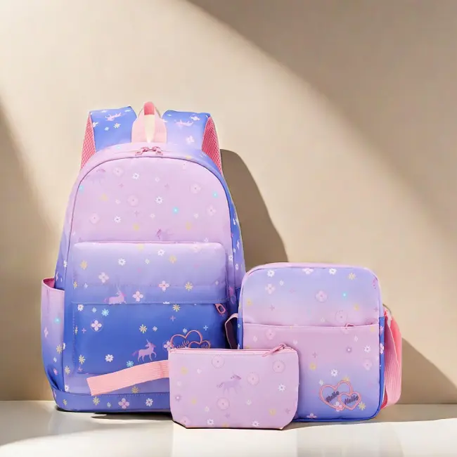 Korean Waterproof School Bag – 3-Piece Set (Purple)