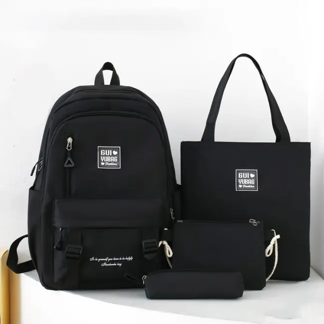 Solid Black Color Simple Student Backpack –4 Piece Set