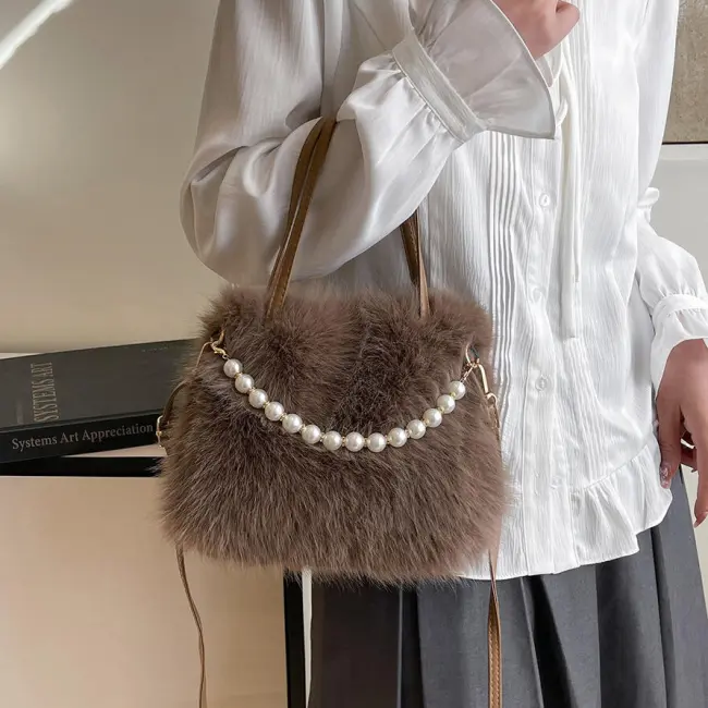 Furry Pearl Small Square Crossbody Handbag for Women
