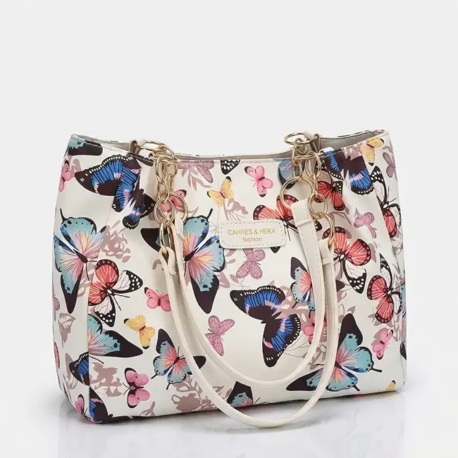 Artistic Butterfly Print Canvas Tote Bag with Removable Strap