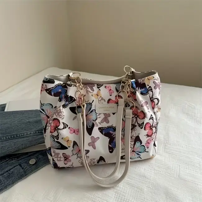 Artistic Butterfly Print Canvas Tote Bag with Removable Strap