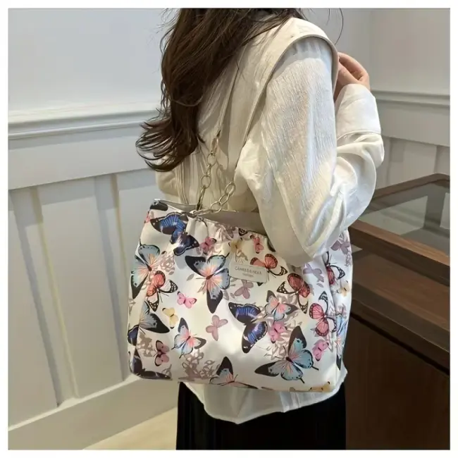 Artistic Butterfly Print Canvas Tote Bag with Removable Strap