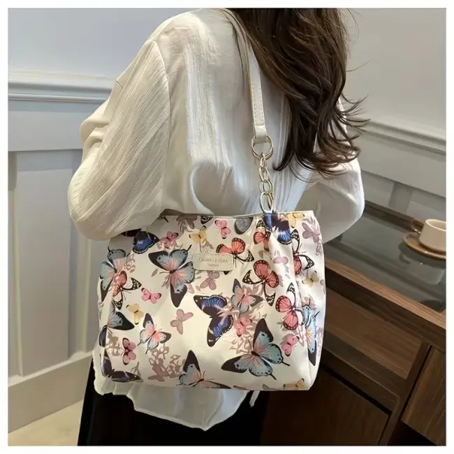 Artistic Butterfly Print Canvas Tote Bag with Removable Strap