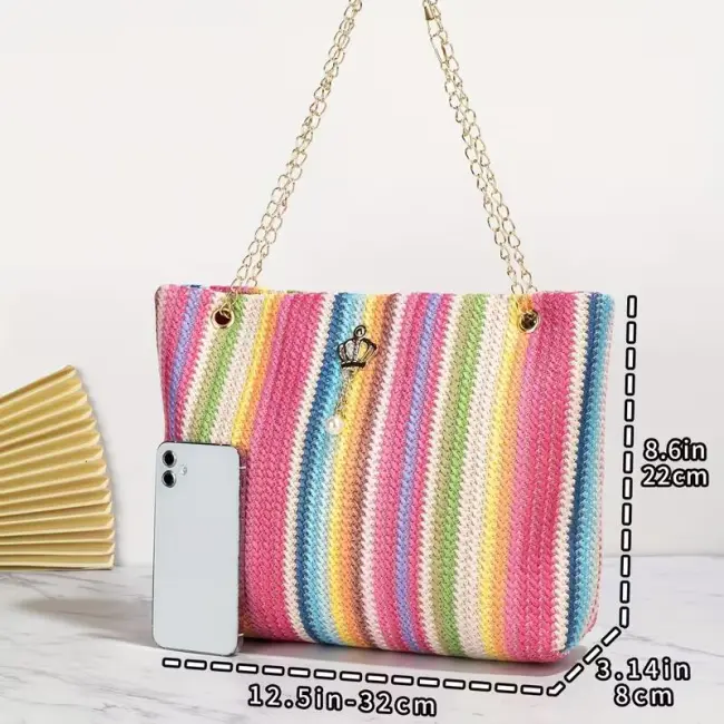 Women’s Rainbow Striped Contrast Tote Beach Shoulder Bag