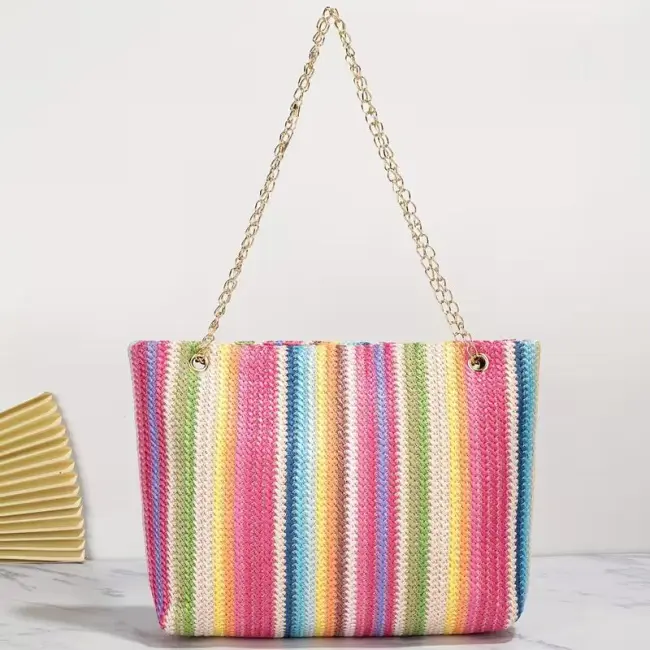 Women’s Rainbow Striped Contrast Tote Beach Shoulder Bag