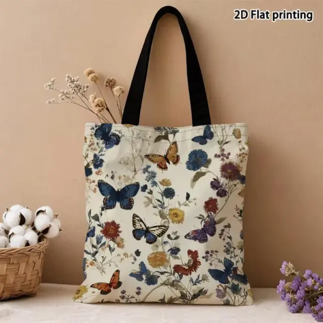Double-Sided Butterfly & Wildflower Reusable Shopping Tote Bag