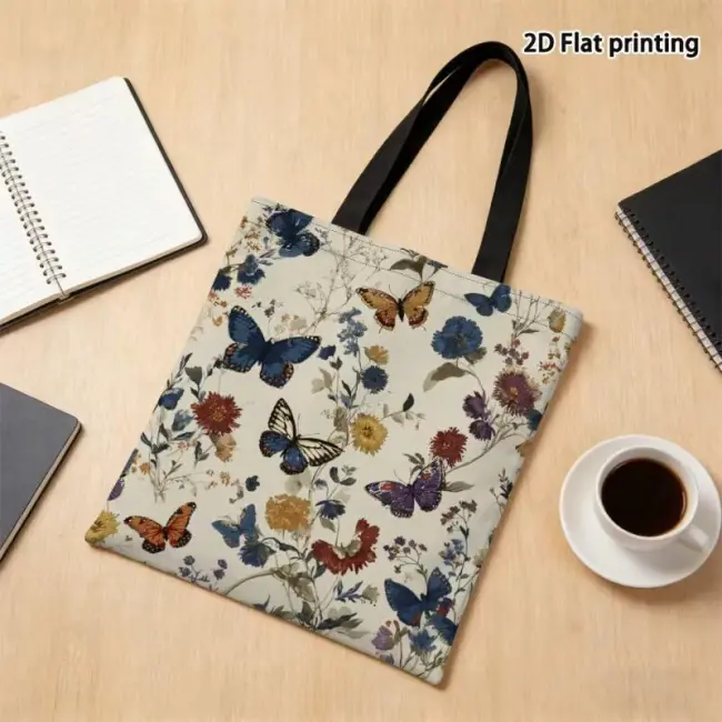 Double-Sided Butterfly & Wildflower Reusable Shopping Tote Bag