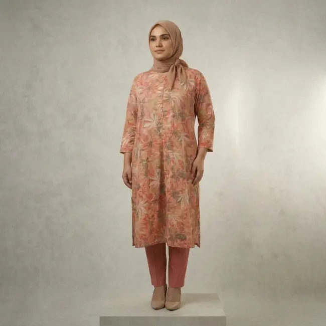 Coral Botanical Printed Kurti Top